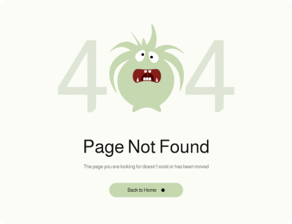 404 error with a green monster face and text saying Page Not Found and Back to Home button.