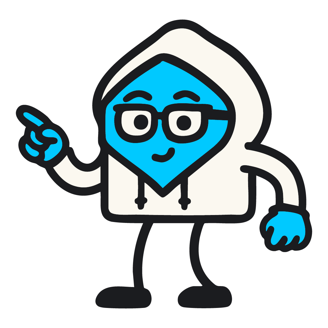 Bonhomme bleu à lunette qui pointe une direction