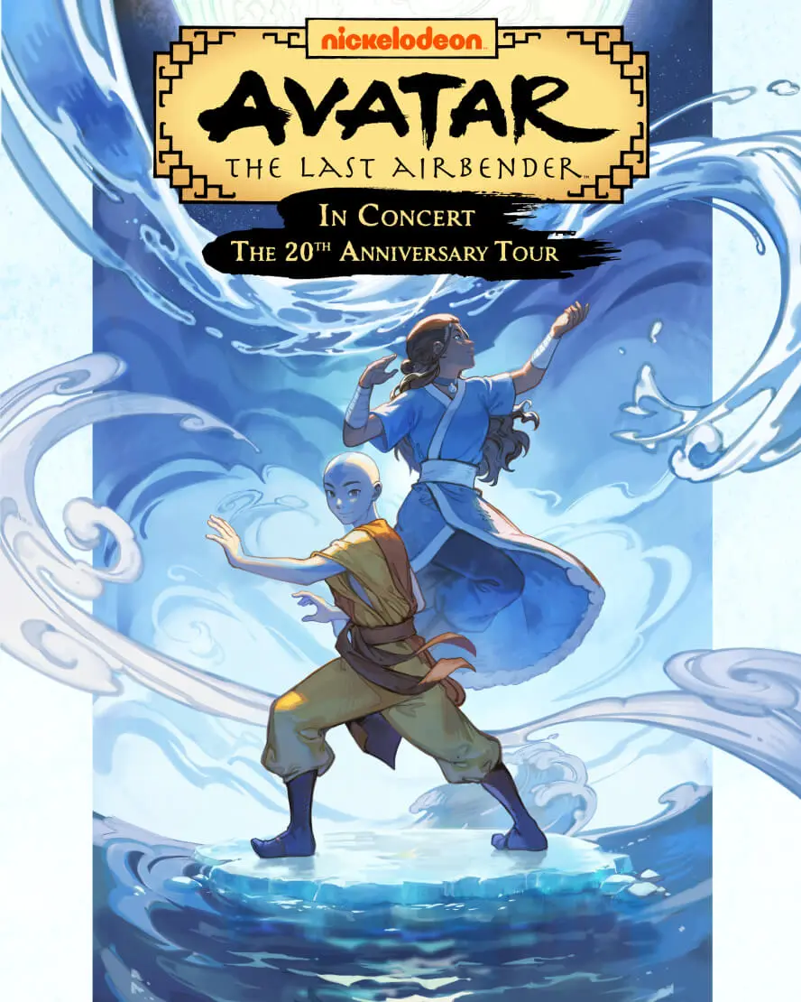 Avatar: The Last Airbender In Concert promotional poster featuring Aang and Katara performing waterbending moves with swirling blue water effects