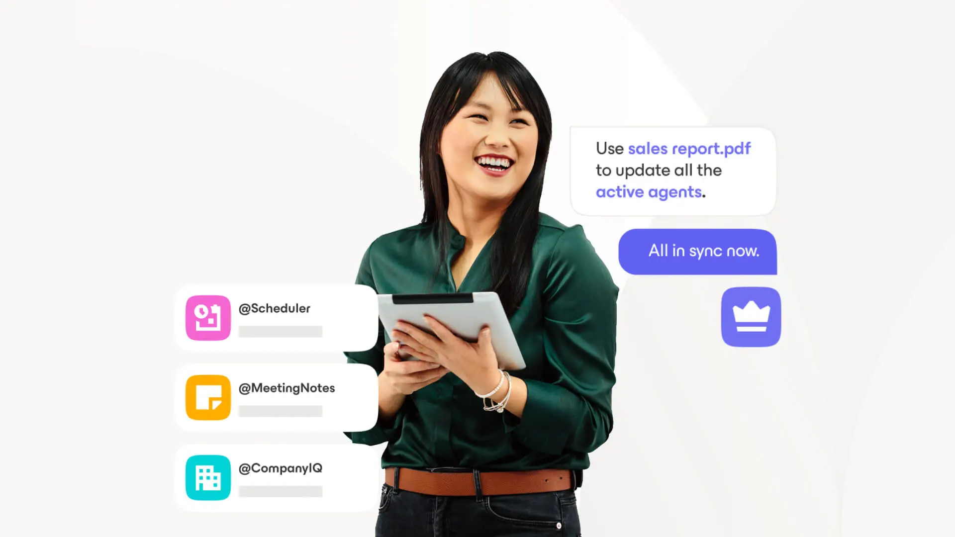 Konverso AI assistant interface showing woman in green blouse using tablet with chat bubbles displaying sales report synchronization message