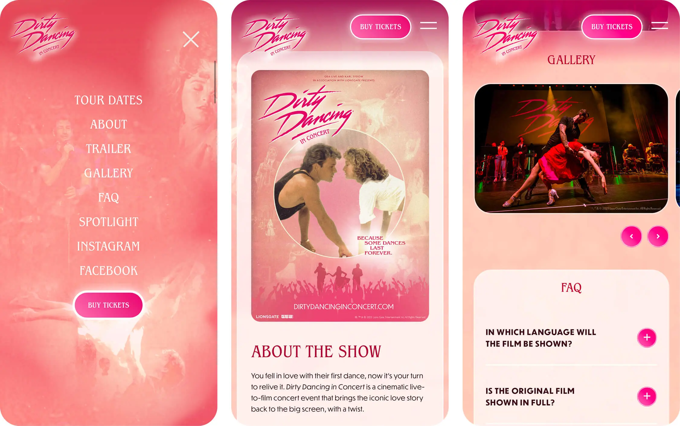 Three mobile screens showing Dirty Dancing in Concert website with menu, show poster and description, and gallery with dancing couple.