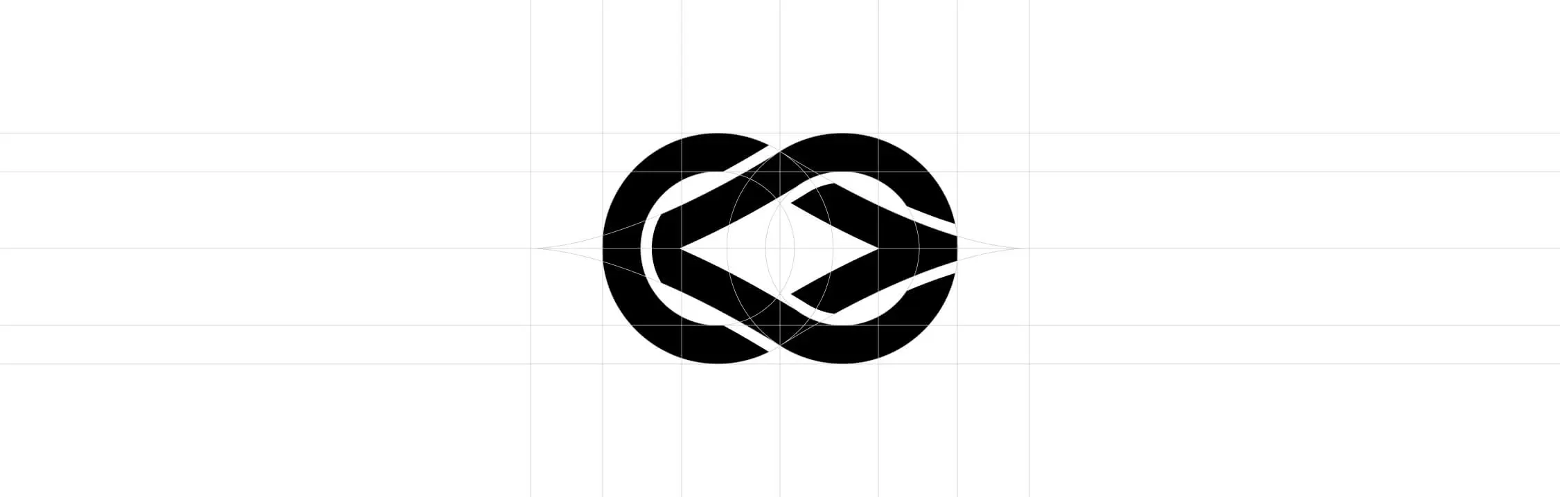 Abstract black geometric shape with intersecting curves and pointed edges, centered on a white background with faint grid lines.