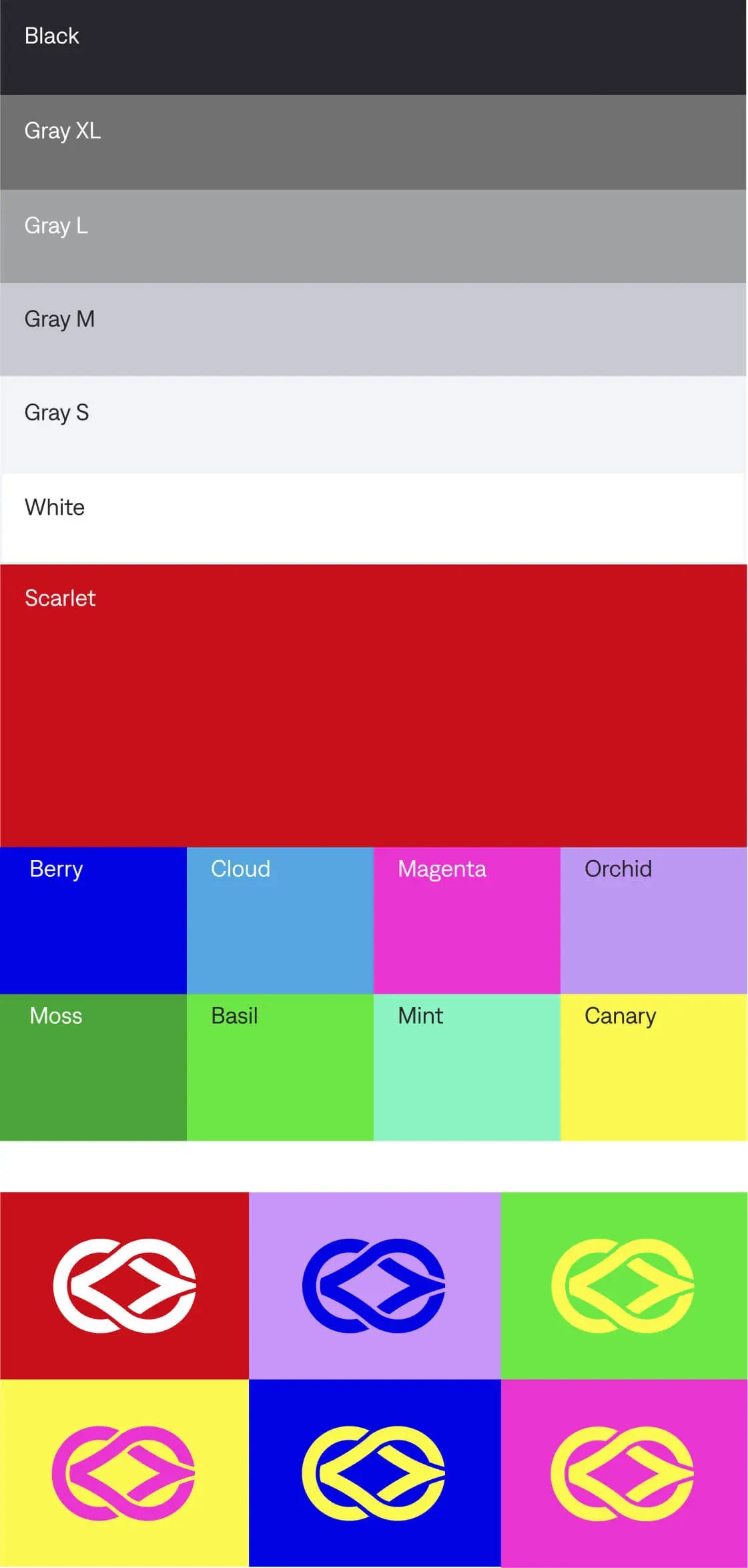 Color swatches labeled Black, Gray XL, Gray L, Gray M, Gray S, White, Scarlet, Berry, Cloud, Magenta, Orchid, Moss, Basil, Mint, and Canary with a grid of nine logo variations in matching colors below.