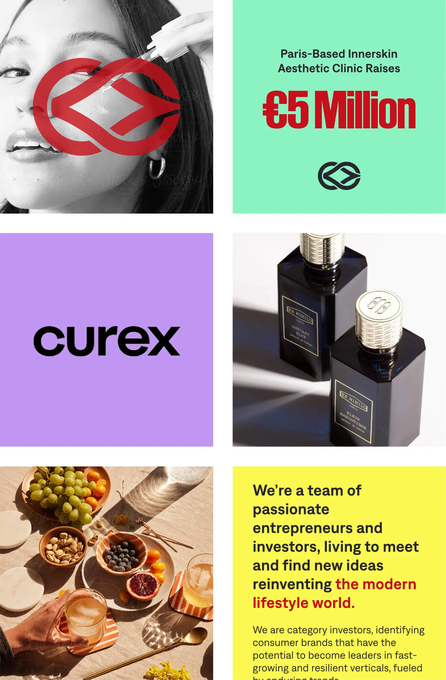 Collage featuring a woman applying skincare serum, announcement of Paris-based Innerskin clinic raising €5 million, the word 'curex' on purple background, two black perfume bottles with silver caps, and a sunlit table setting with fruits and drinks alongside a text block about a team of entrepreneurs and investors.
