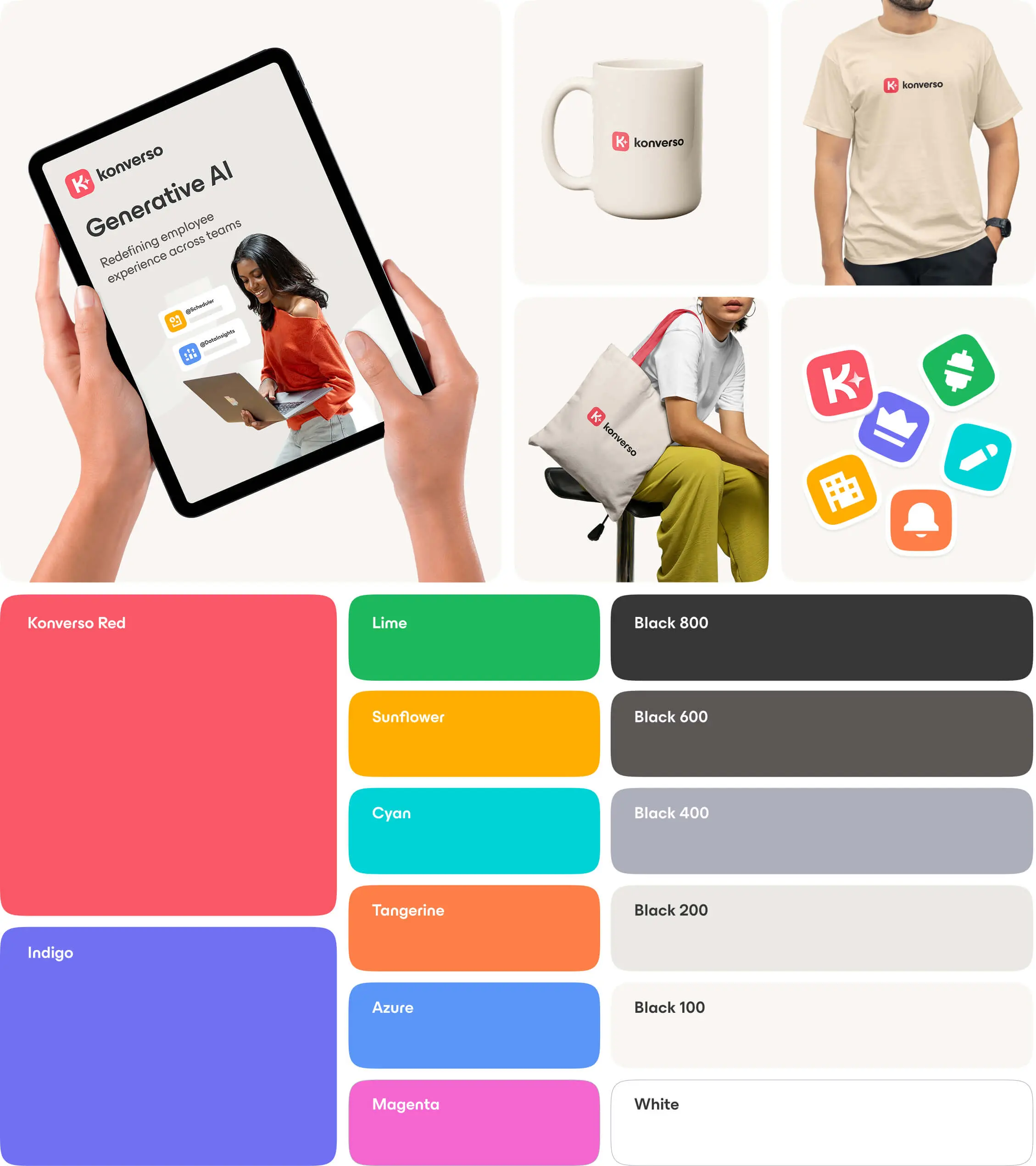 Collage showing a person holding a tablet with Konverso Generative AI webpage, Konverso-branded mug, t-shirt, tote bag worn by a seated woman, app icons, and a color palette with Konverso Red, Indigo, Lime, Sunflower, Cyan, Tangerine, Azure, Magenta, black shades, and white.