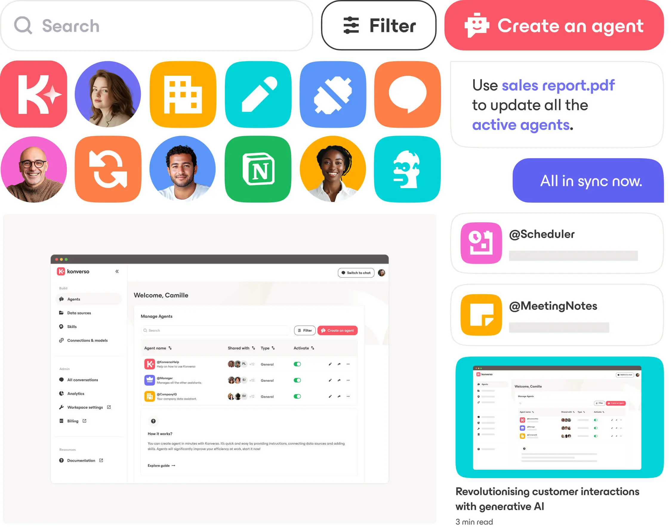 User interface of Konverso platform showing profile icons, a search bar, filter button, and a dashboard to manage agents with options to create and activate agents.
