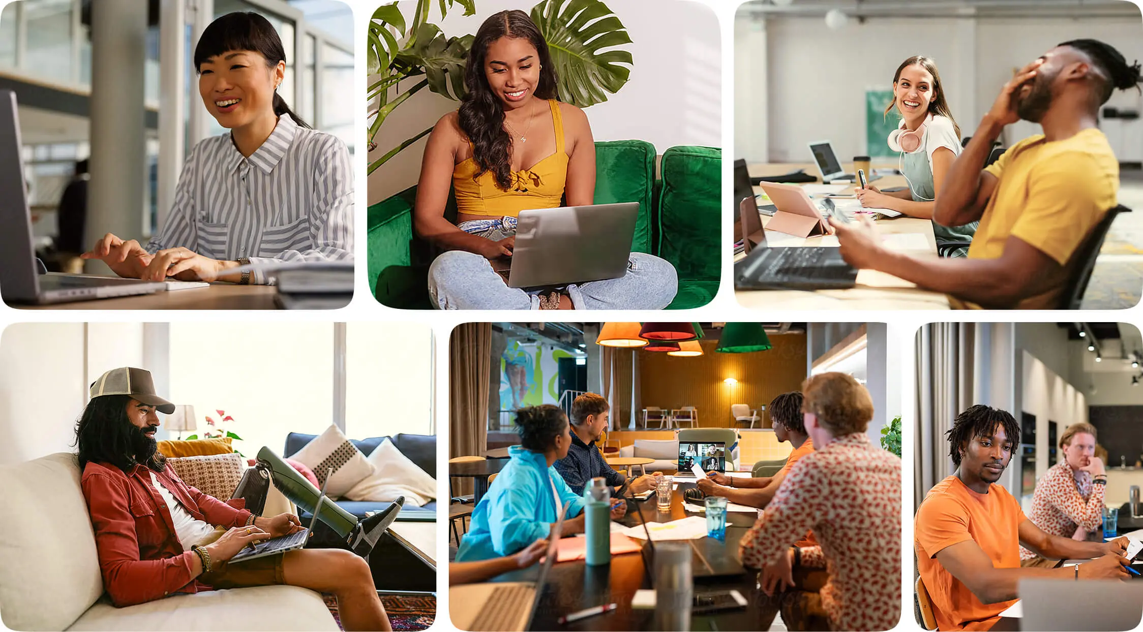 Collage of diverse people working and collaborating in various casual and office settings, using laptops and engaging in discussion.