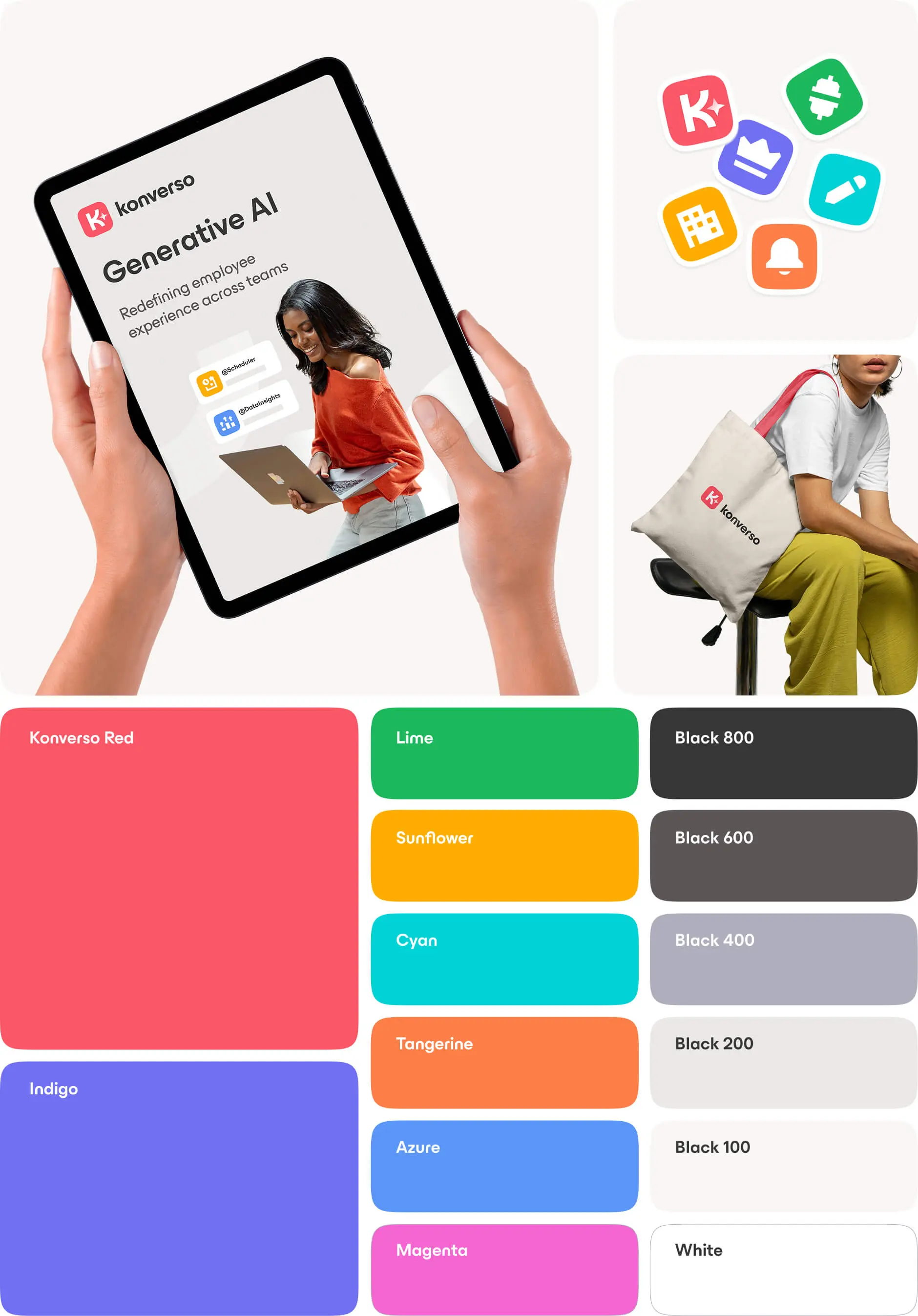 Hands holding a tablet displaying 'Konverso Generative AI' with a woman in an orange top using a laptop, colorful Konverso app icons, a woman sitting with a Konverso tote bag, and a chart of Konverso brand colors.
