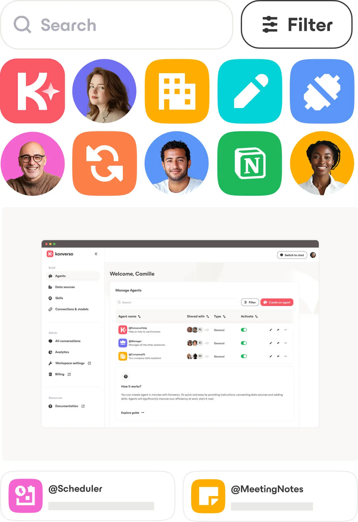 User interface of Konverso app showing a search bar, filter button, user avatars, and a dashboard labeled 'Welcome, Camille' with agent management options.