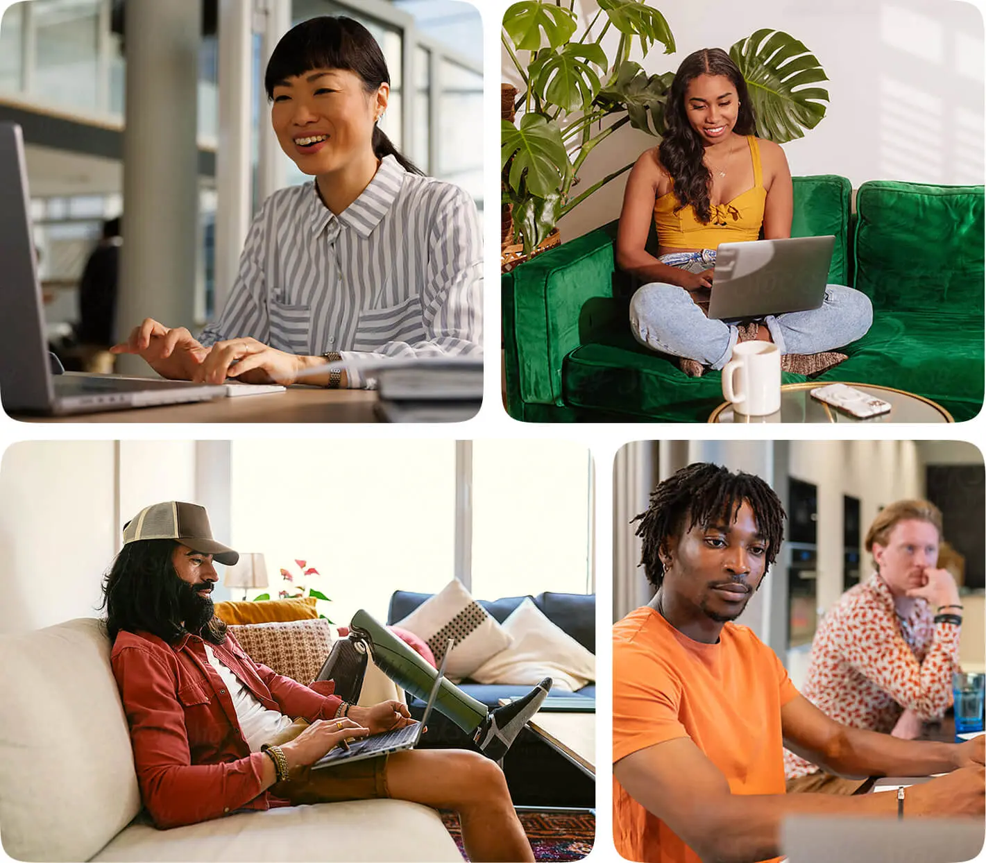Collage of diverse people working on laptops in different cozy indoor settings.