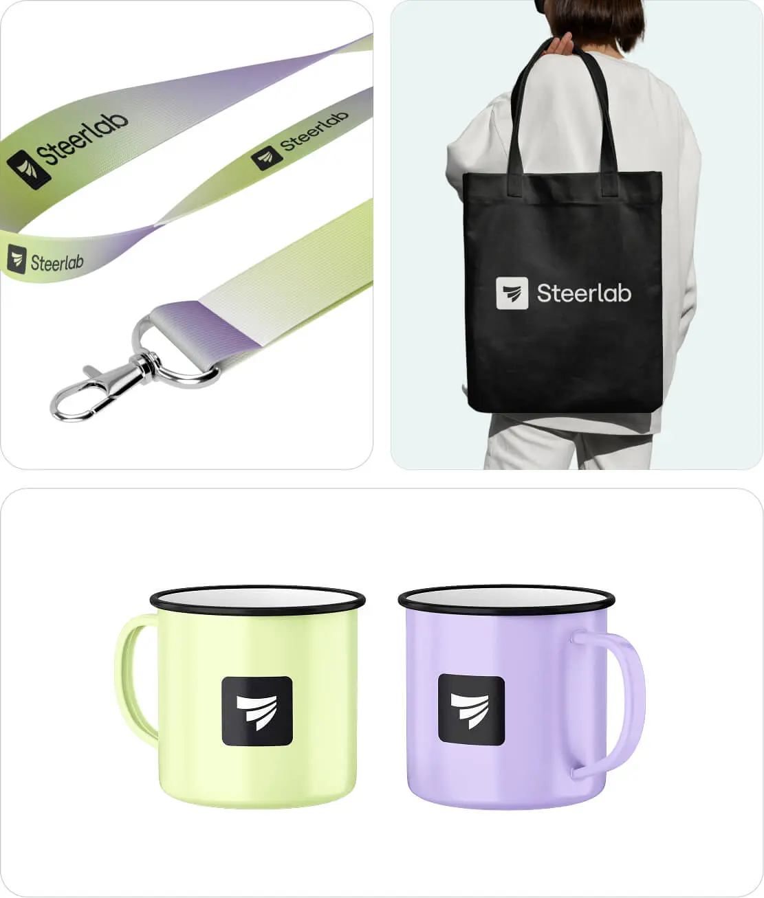 Steerlab branded merchandise including a gradient lanyard with clip, a black tote bag held by a person, and two enamel mugs in pastel yellow and purple with Steerlab logo.