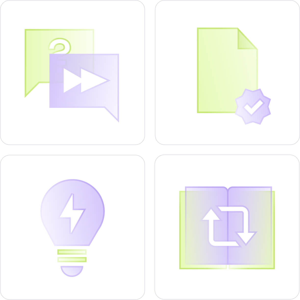 Four icons: two overlapping chat bubbles with forward arrows, a document with a checkmark badge, a light bulb with a lightning bolt inside, and an open book with two circular arrows.