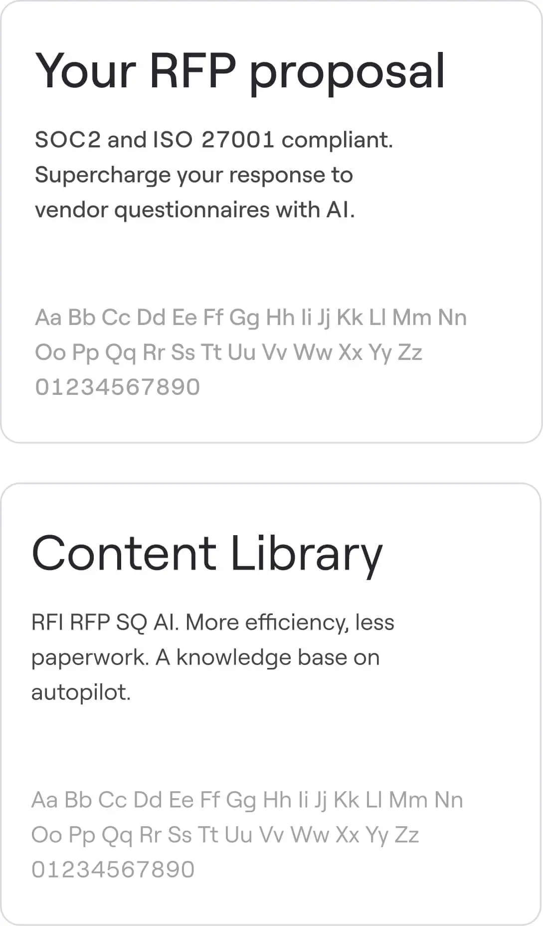 Two text boxes showcasing fonts; the first titled 'Your RFP proposal' highlights SOC2 and ISO 27001 compliance and AI-enhanced vendor questionnaire responses, the second titled 'Content Library' mentions efficiency and a knowledge base on autopilot, each followed by alphabet and number samples.