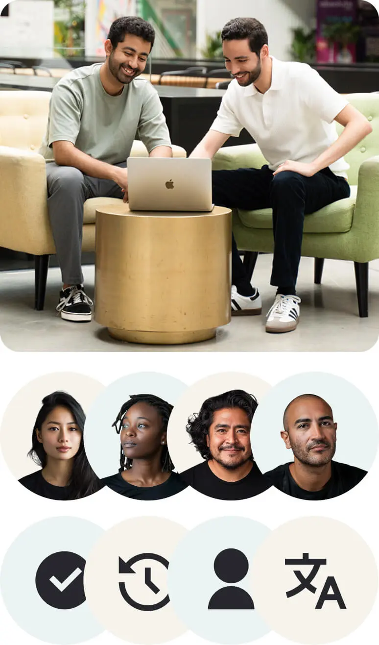 Two men sitting on chairs, smiling and looking at a laptop on a golden round table; below, four diverse headshots and four black icons including a checkmark, a clock, a person, and language symbols.