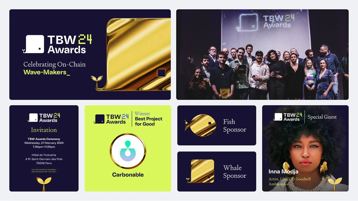 Collage featuring TBW24 Awards branding: celebrating on-chain wave-makers with a golden whale tail logo, a group photo of award winners on stage, a formal invitation to the ceremony in Paris on 21 February 2024, the Best Project for Good award given to Carbonable, gold whale and fish sponsor icons, and a special guest portrait of Inna Modja, an artist and UNCCD Goodwill Ambassador.