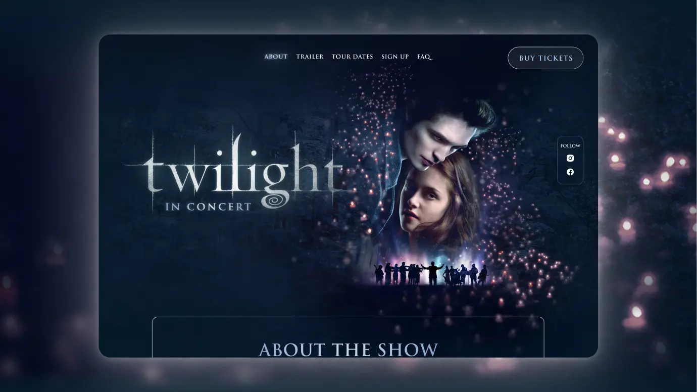 Website homepage for Twilight in Concert featuring an image of two characters with faces close, surrounded by glowing sparkles and a silhouetted orchestra below, with navigation links for About, Trailer, Tour Dates, Sign Up, FAQ, and buttons for Buy Tickets and social media follow icons.
