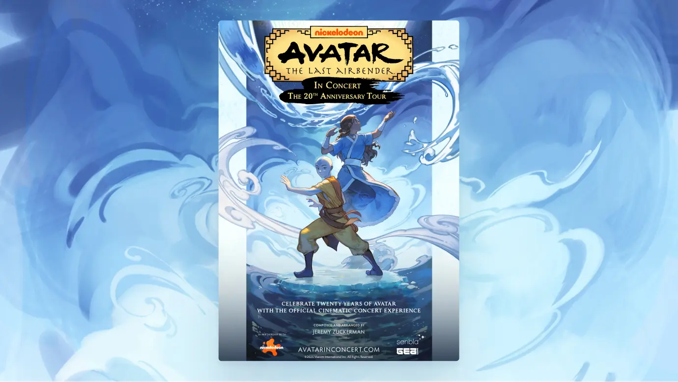 Promotional poster for Nickelodeon's Avatar: The Last Airbender In Concert, The 20th Anniversary Tour, featuring animated characters Aang and Katara performing waterbending on a swirling water background, celebrating twenty years with an official cinematic concert experience composed and arranged by Jeremy Zuckerman.