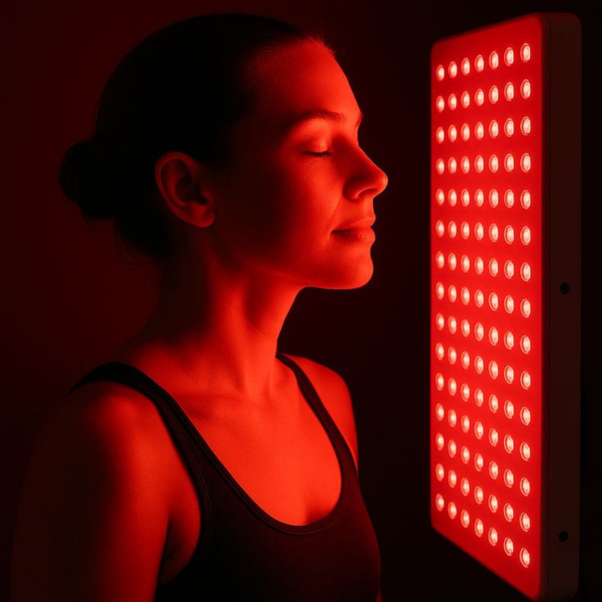 Red light therapy panel emitting therapeutic wavelengths in a treatment room