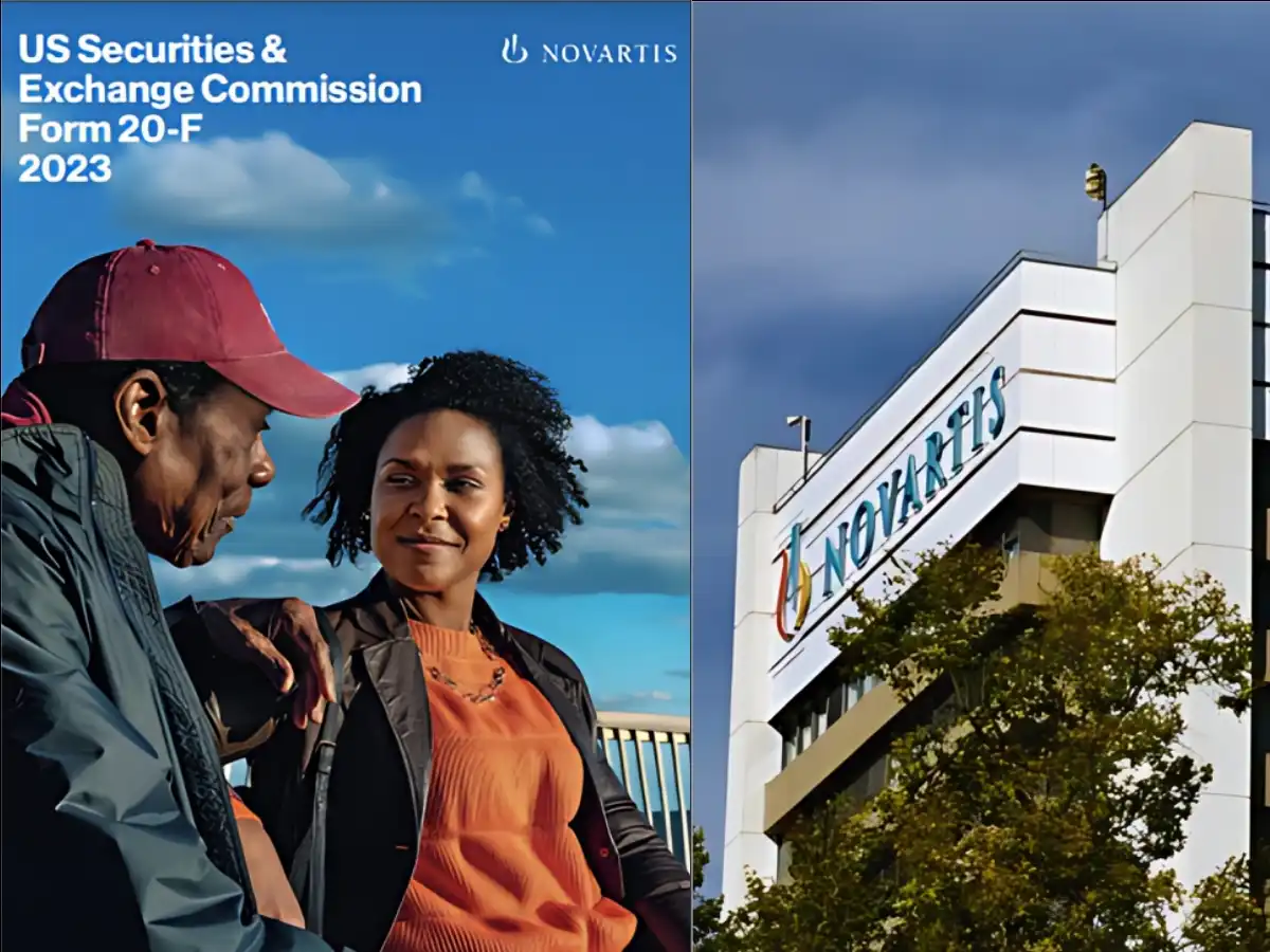 Imagem do Formulário 20-F da Comissão de Valores Mobiliários dos EUA de 2023, com pessoas discutindo e o prédio da Novartis ao fundo.