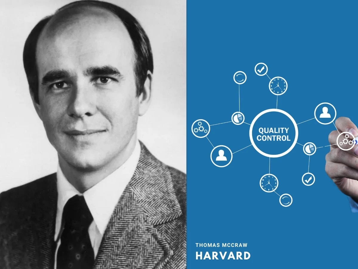 Retrato de Thomas McCraw, especialista em controle de qualidade, com gráficos relacionados a gestão e qualidade ao fundo, destacando sua associação com Harvard.
