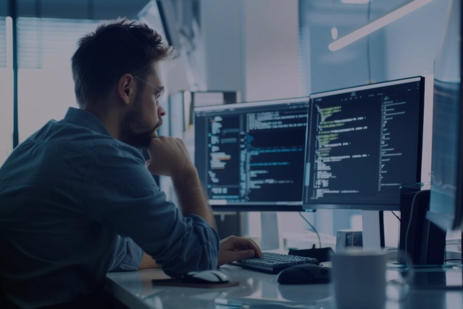 Homem concentrado trabalhando com programação em computadores, mostrando código em múltiplos monitores em ambiente moderno de escritório.