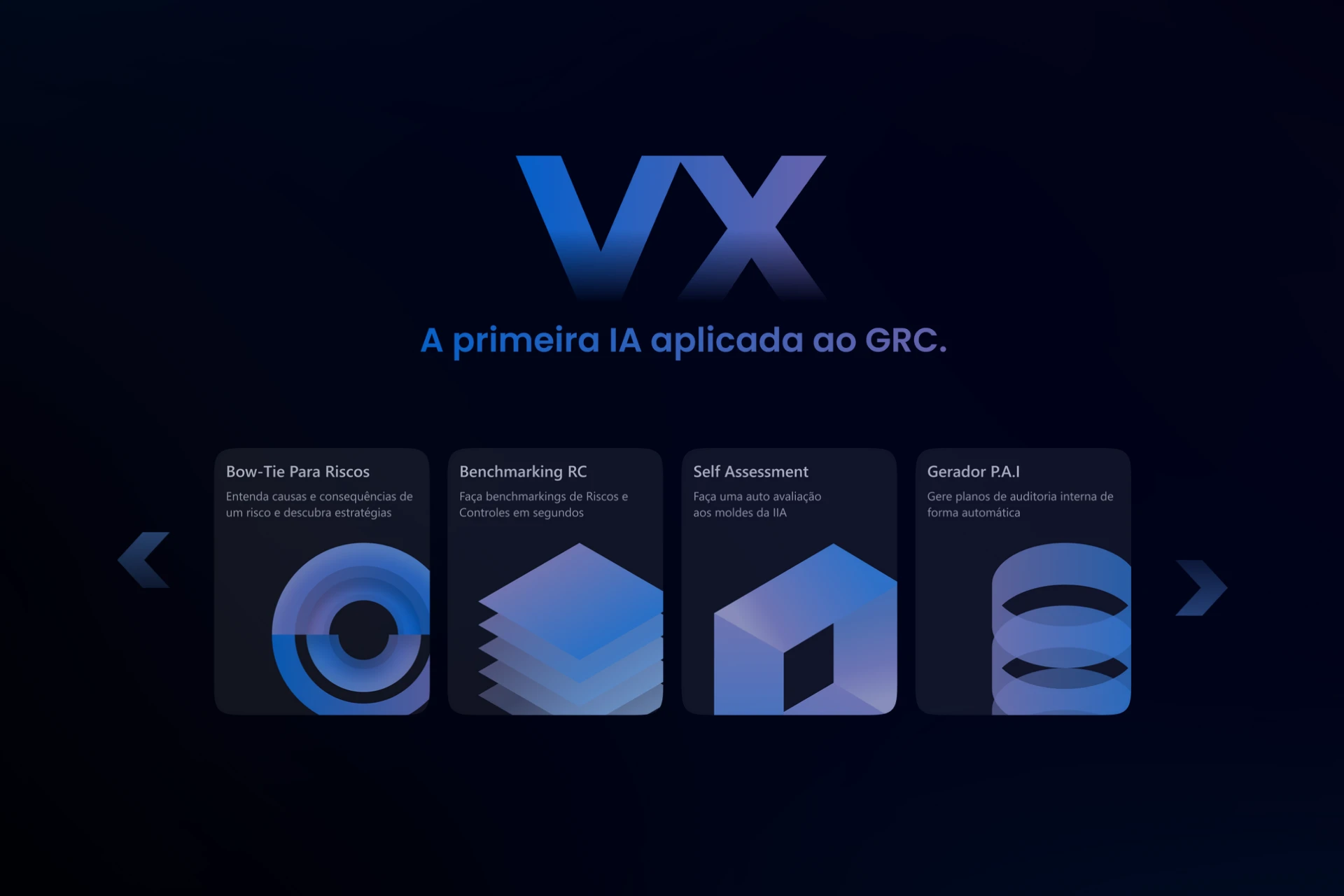 Imagem promocional da VX, a primeira IA aplicada ao GRC, apresentando suas funcionalidades como Bow-Tie, Benchmarking, Self Assessment e Gerador P.A.I.