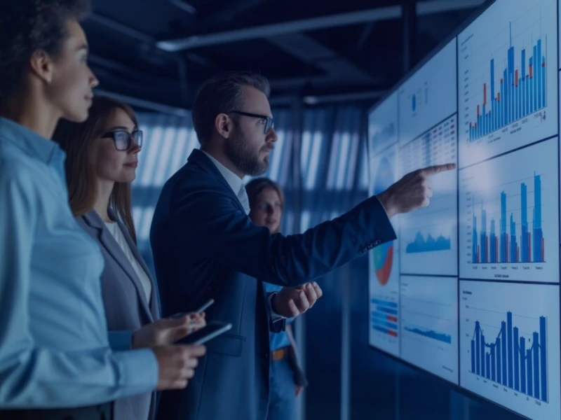 Profissionais em reunião analisando gráficos e dados em um painel interativo, destacando a importância da análise de dados para a tomada de decisão.