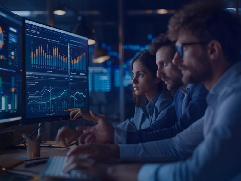 Três profissionais analisando dados em tela, gráficos e informações em um ambiente de trabalho moderno, ideal para estratégias em análise de dados.