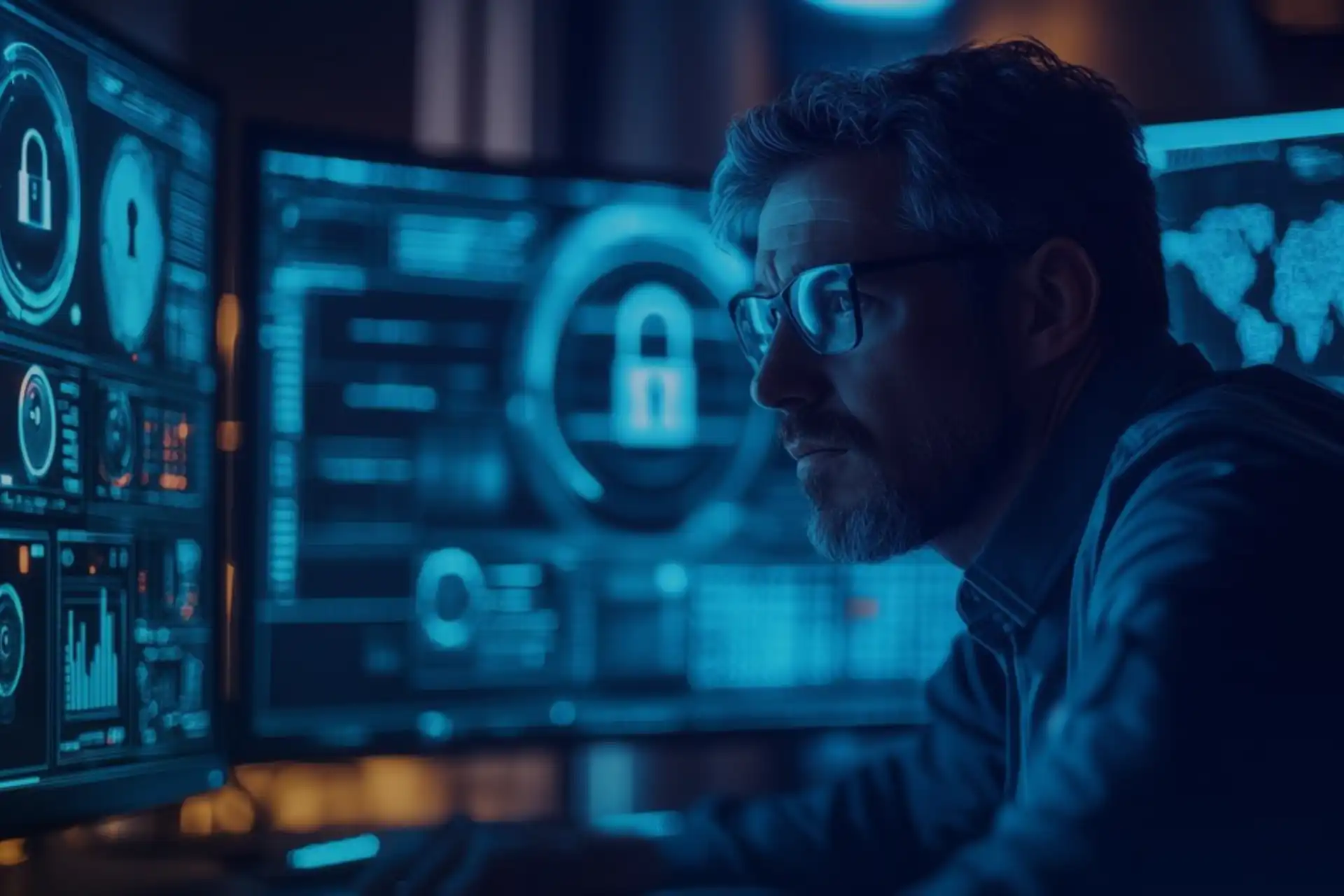Homem analisando dados de segurança cibernética em múltiplos monitores exibindo gráficos e informações digitais. Foco em tecnologia e proteção de dados.