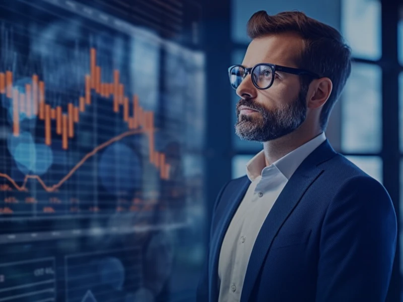 Homem de negócios com óculos analisando gráficos de desempenho em uma tela, refletindo sobre resultados financeiros e estratégias de mercado.