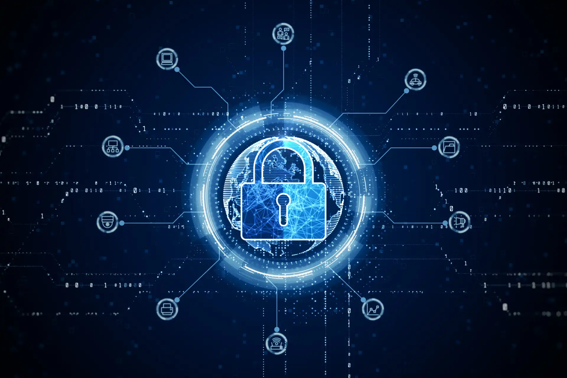 Imagem representativa da segurança digital, com um cadeado em destaque e ícones conectados, simbolizando proteção de dados e privacidade na era digital.