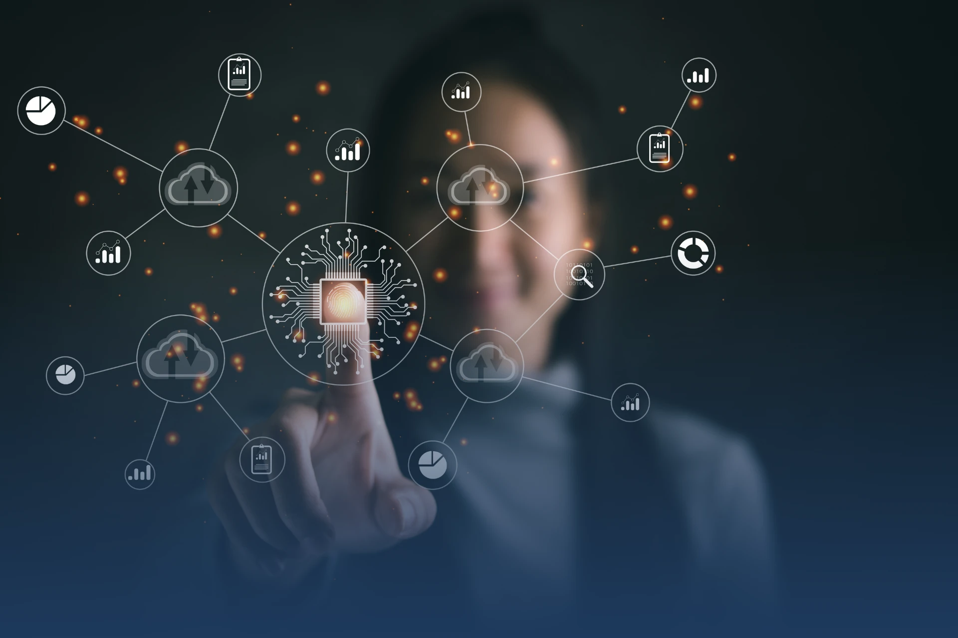 Imagem ilustrativa de uma profissional interagindo com uma rede digital, simbolizando a inovação em tecnologia e conectividade. A imagem representa a transformação digital com gráficos e ícones.