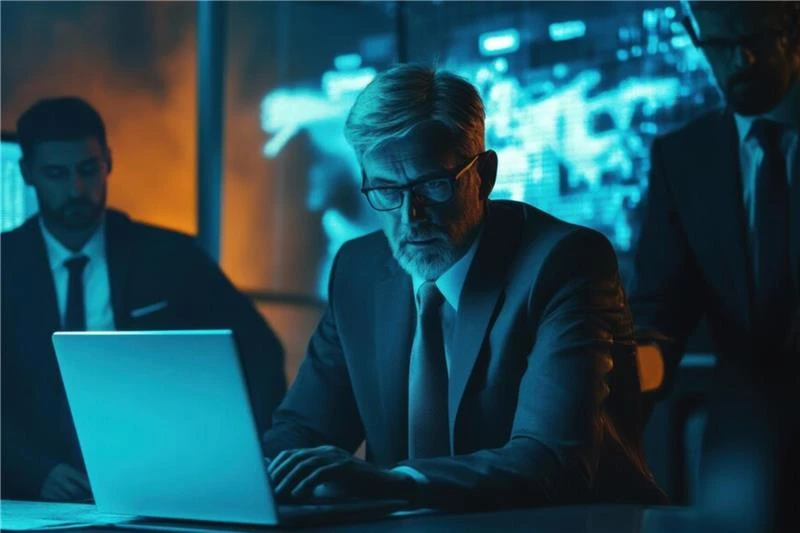 Homem de negócios em um ambiente tecnológico, usando laptop com análise de dados e gráficos em segundo plano. Estilo elegante e moderno.