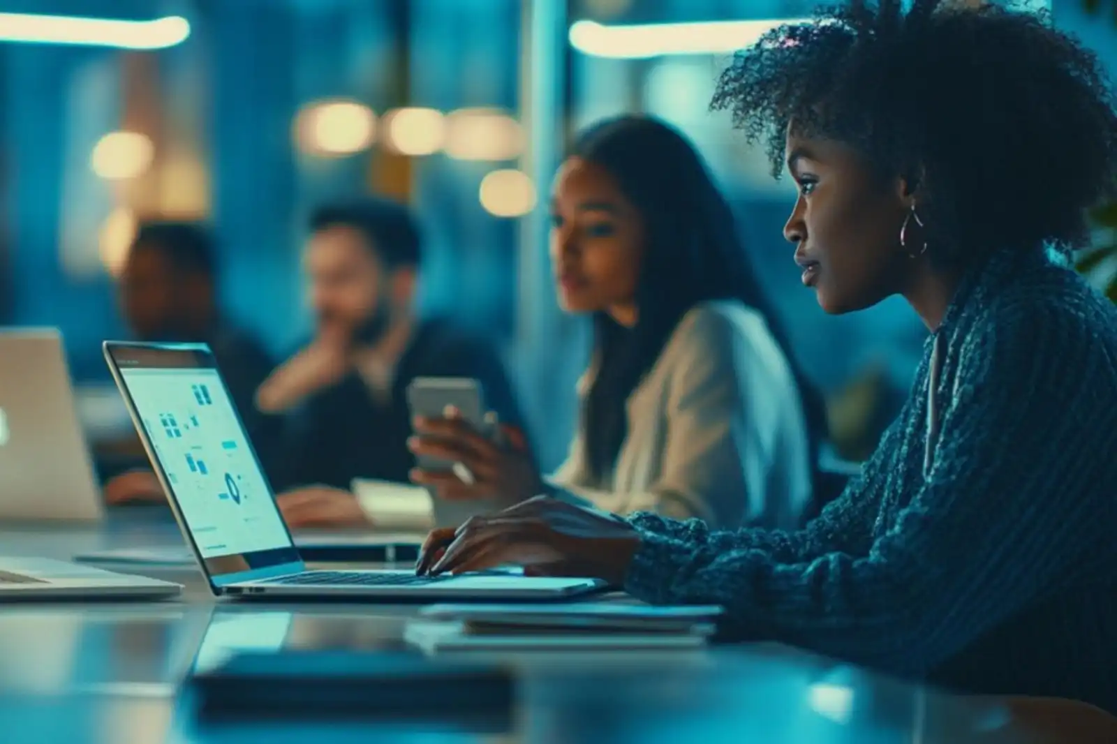 Imagem de profissionais trabalhando em um escritório moderno durante a noite, com destaque para uma mulher negra usando laptop e interagindo com gráficos e dados.
