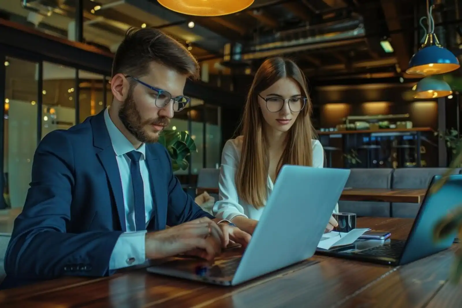 Dois profissionais trabalhando em equipe em um escritório moderno, utilizando laptops e anotando ideias em um ambiente colaborativo.
