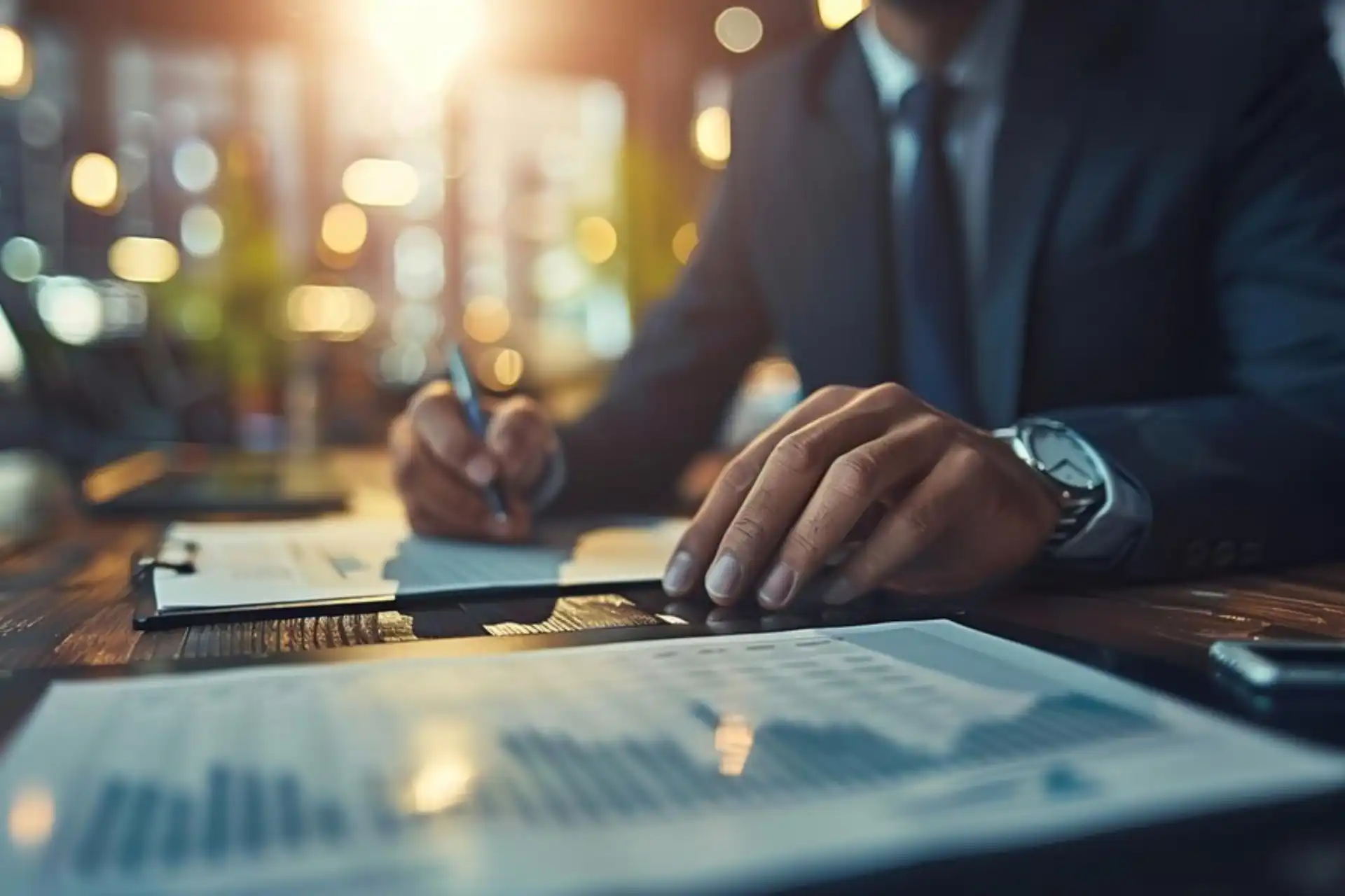 Homem de negócios escrevendo em um bloco de notas enquanto analisa gráficos financeiros em uma mesa com iluminação suave, refletindo um ambiente profissional.