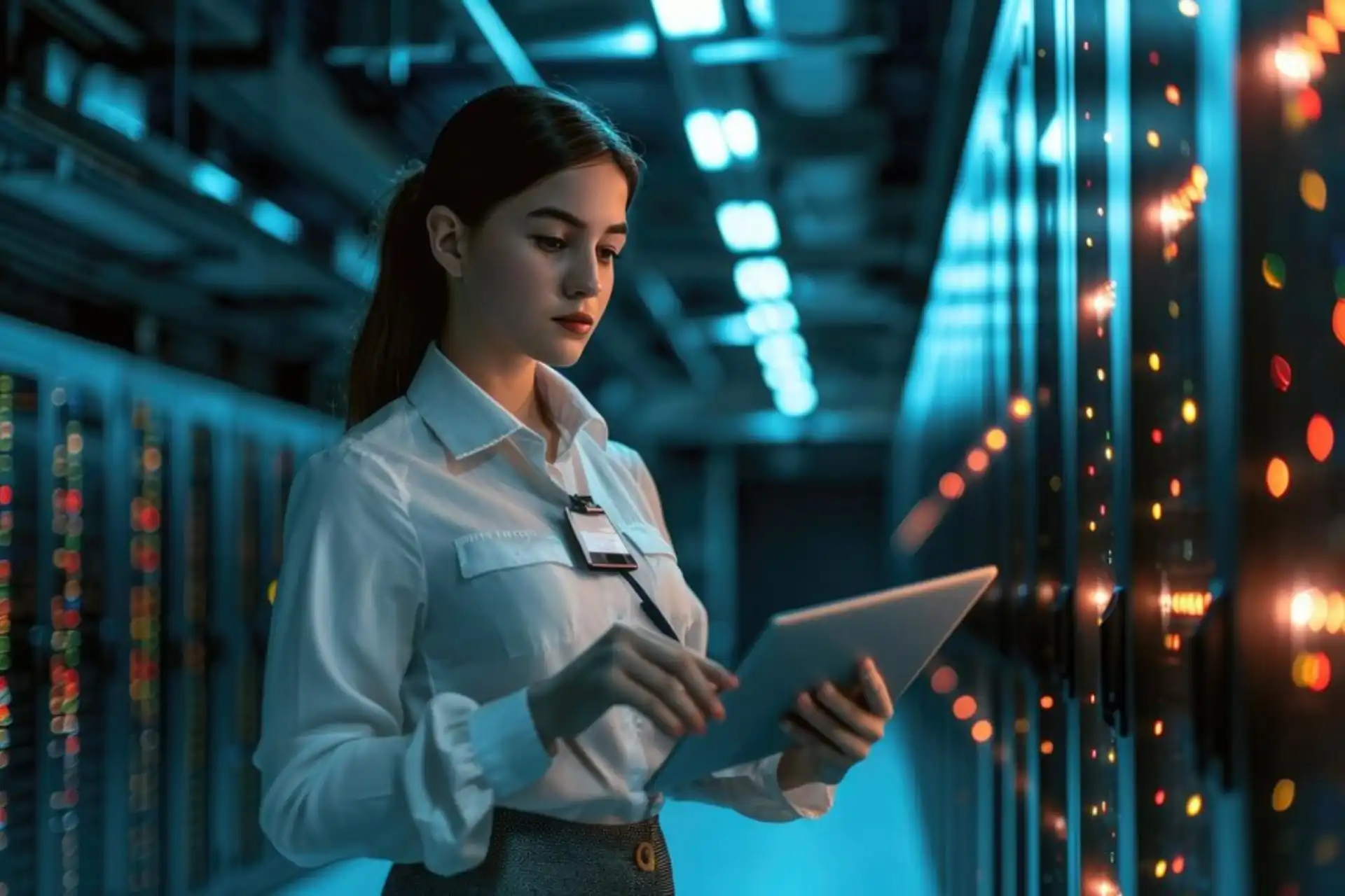 Profissional de tecnologia analisando dados em um tablet em um ambiente de server farm, com iluminação moderna e equipamentos de alta tecnologia ao fundo.