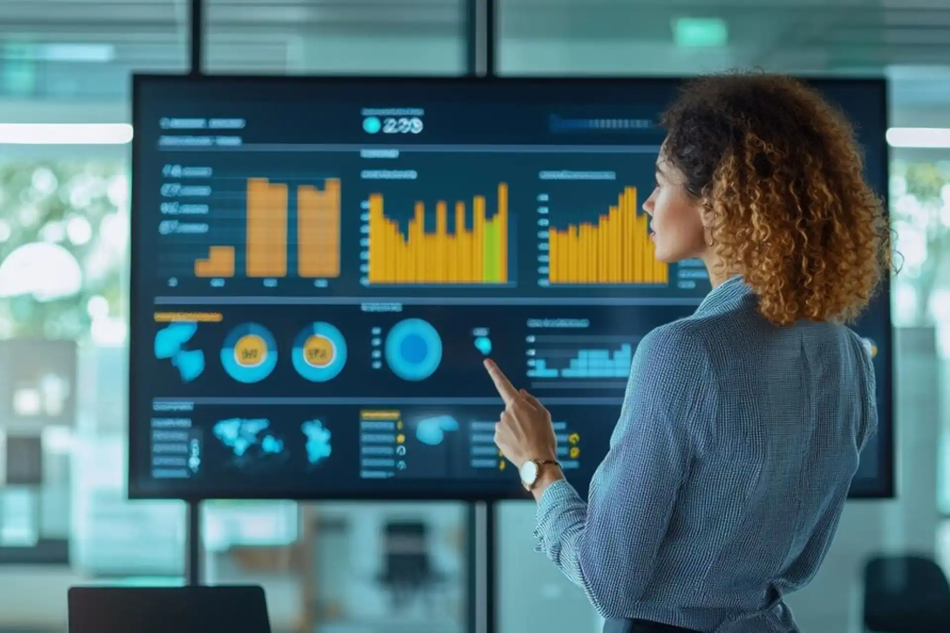 Mulher analisando dados em tela interativa, destacando a importância da visualização de dados para decisões empresariais.