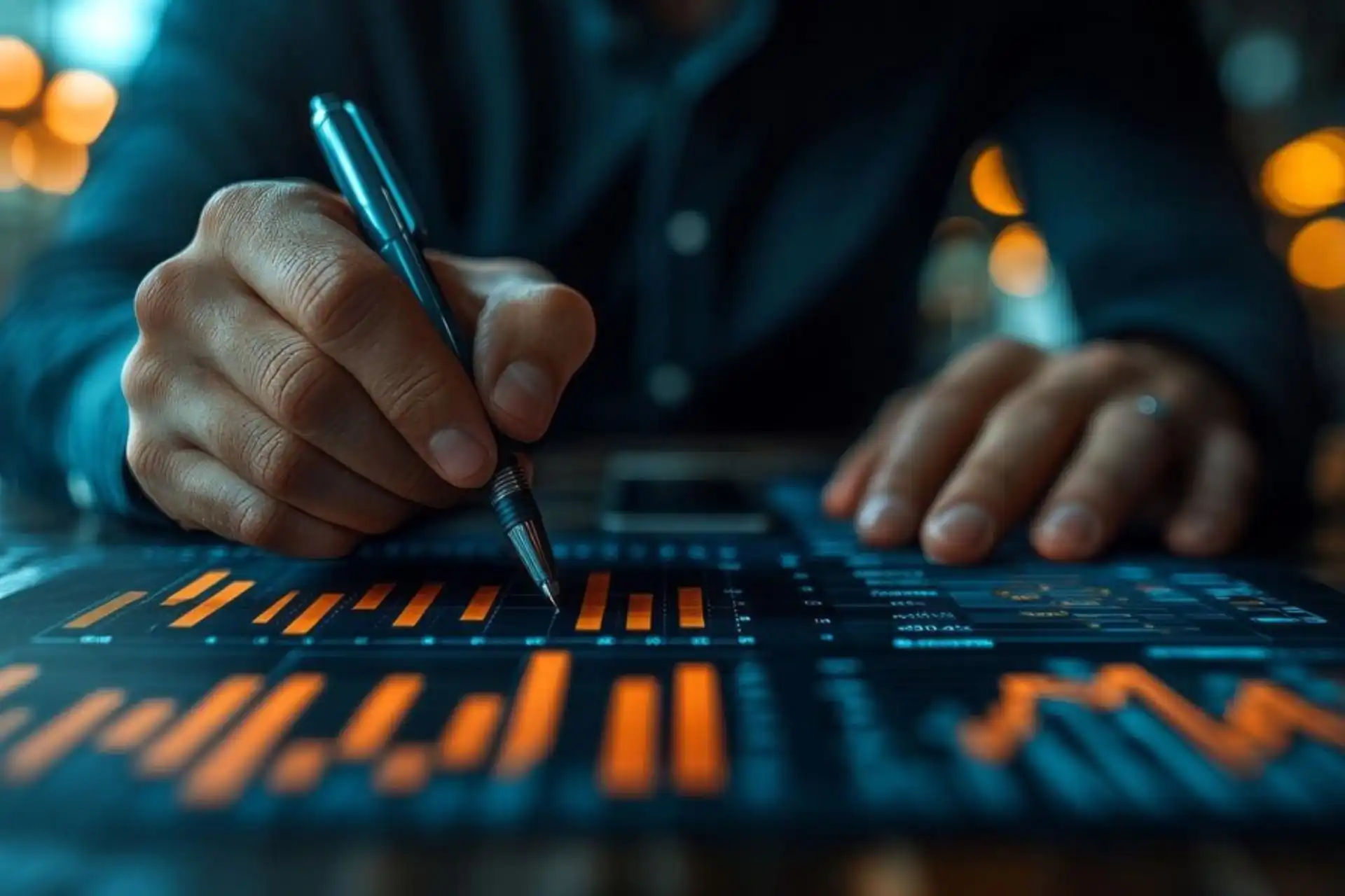 Homem analisando gráficos e dados financeiros em uma tela, concentrado em suas anotações. A imagem destaca o uso de tecnologia para análise de mercado.