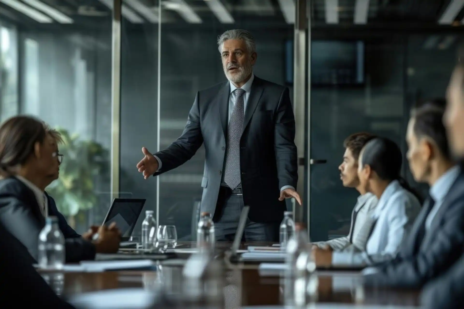 Homem de negócios apresentando em uma reunião corporativa com profissionais ao redor da mesa. Atmosfera séria e focada.