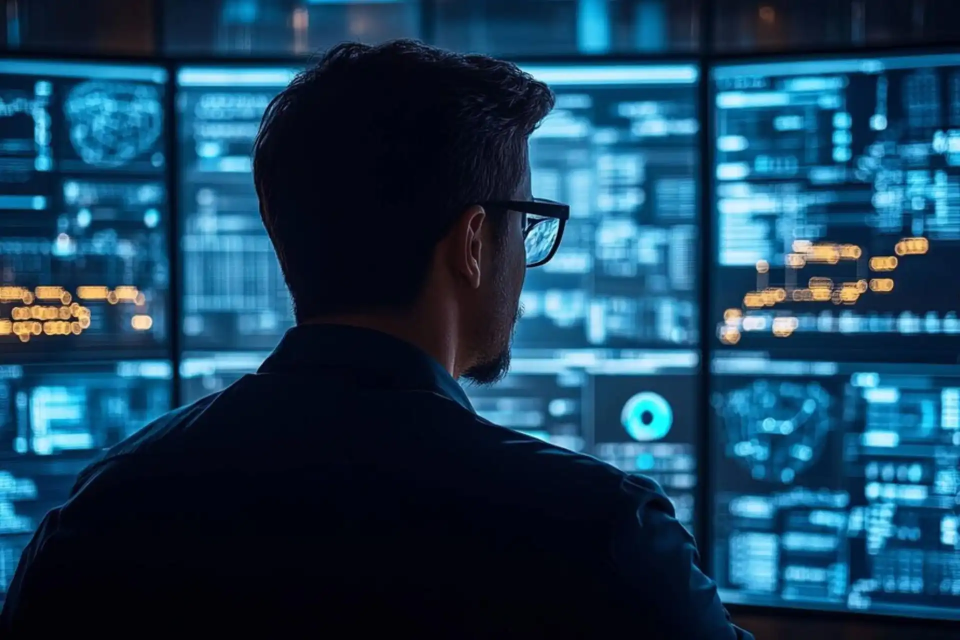 Homem analisando dados em telas digitais em um ambiente tecnológico. A imagem mostra gráficos e informações em uma configuração moderna.