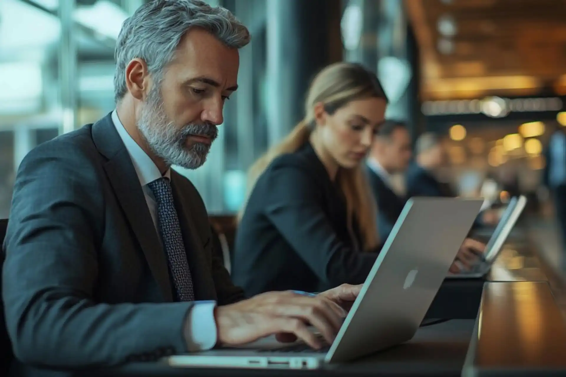 Executivos trabalhando em um ambiente moderno, focados em seus laptops, refletindo produtividade e trabalho em equipe em um escritório contemporâneo.