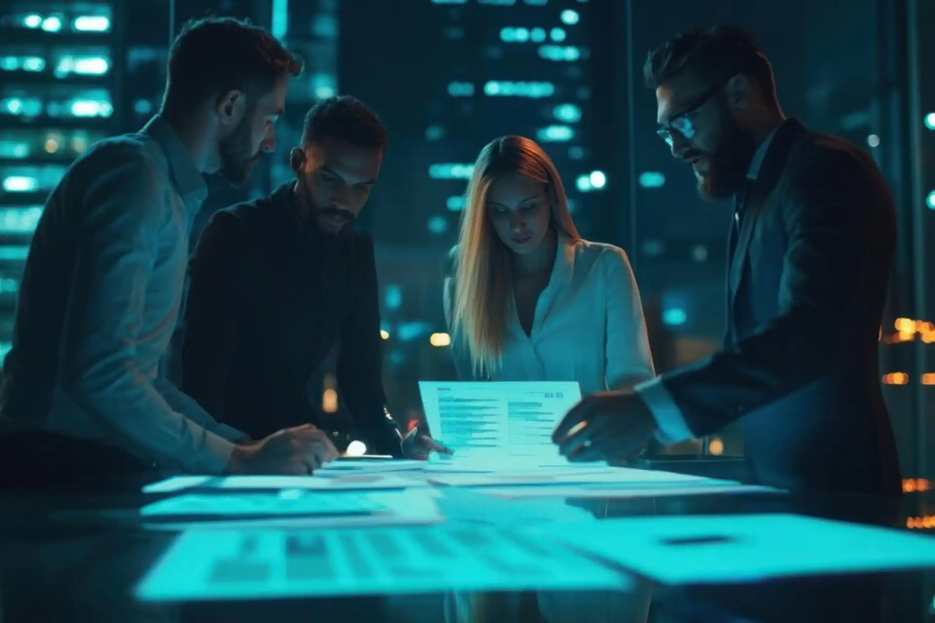 Grupo de profissionais discutindo documentos em um ambiente corporativo moderno à noite, com luzes da cidade ao fundo.