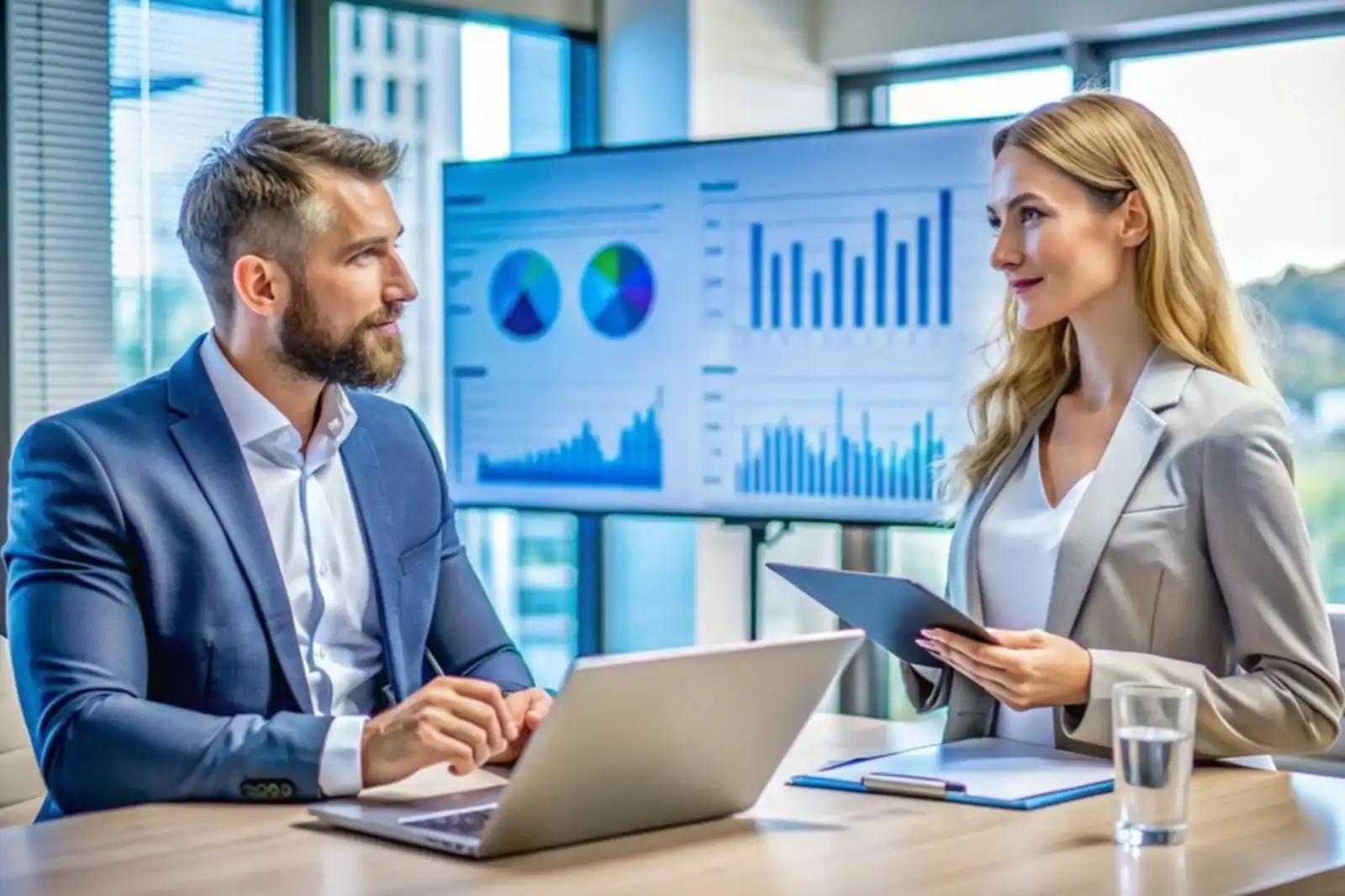 Profissionais em reunião de negócios discutindo gráficos e dados em uma tela, representando inovação e colaboração no ambiente corporativo.
