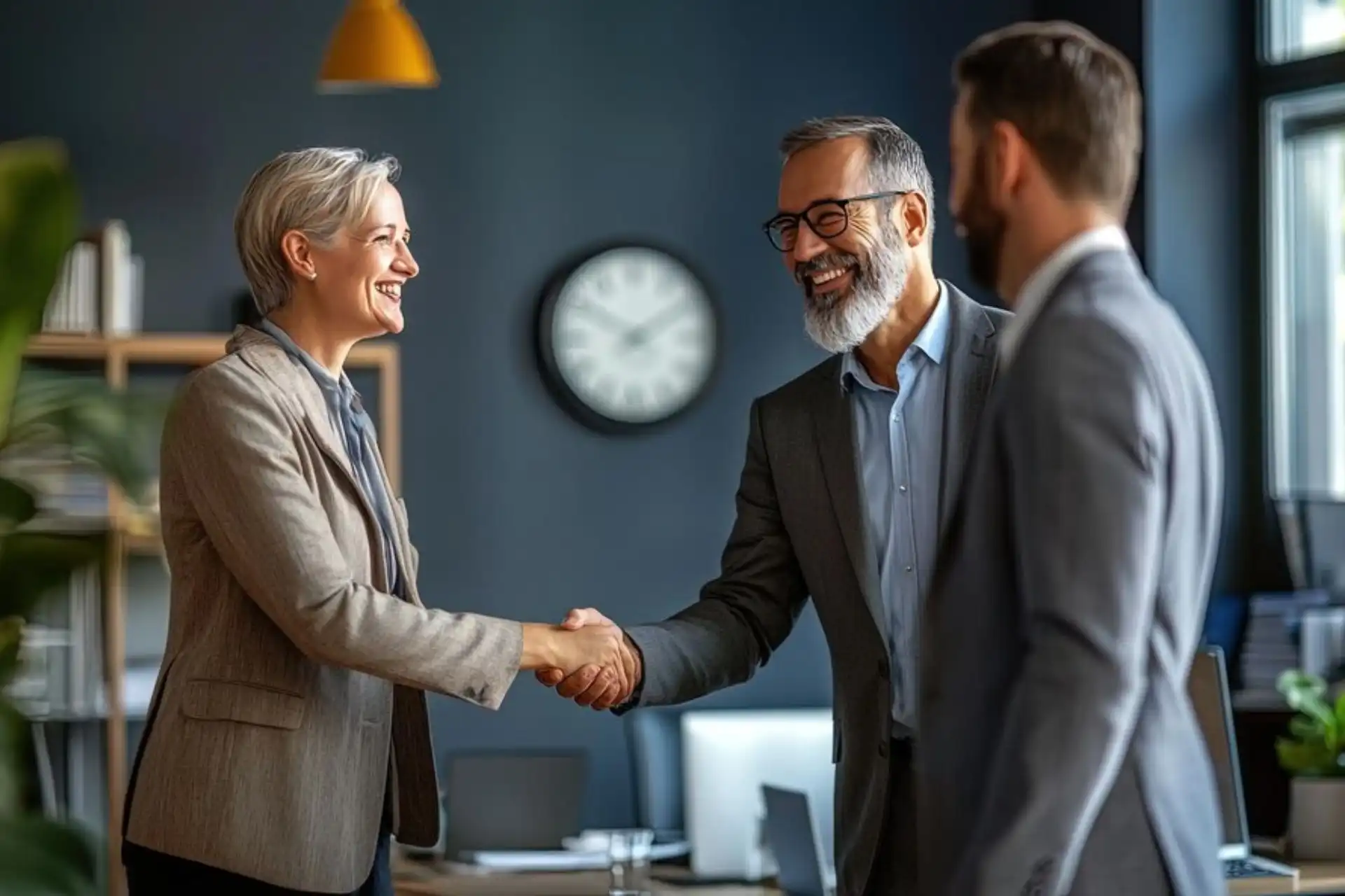 Reunião de negócios com handshake entre profissionais, simbolizando parcerias e networking em um ambiente corporativo.