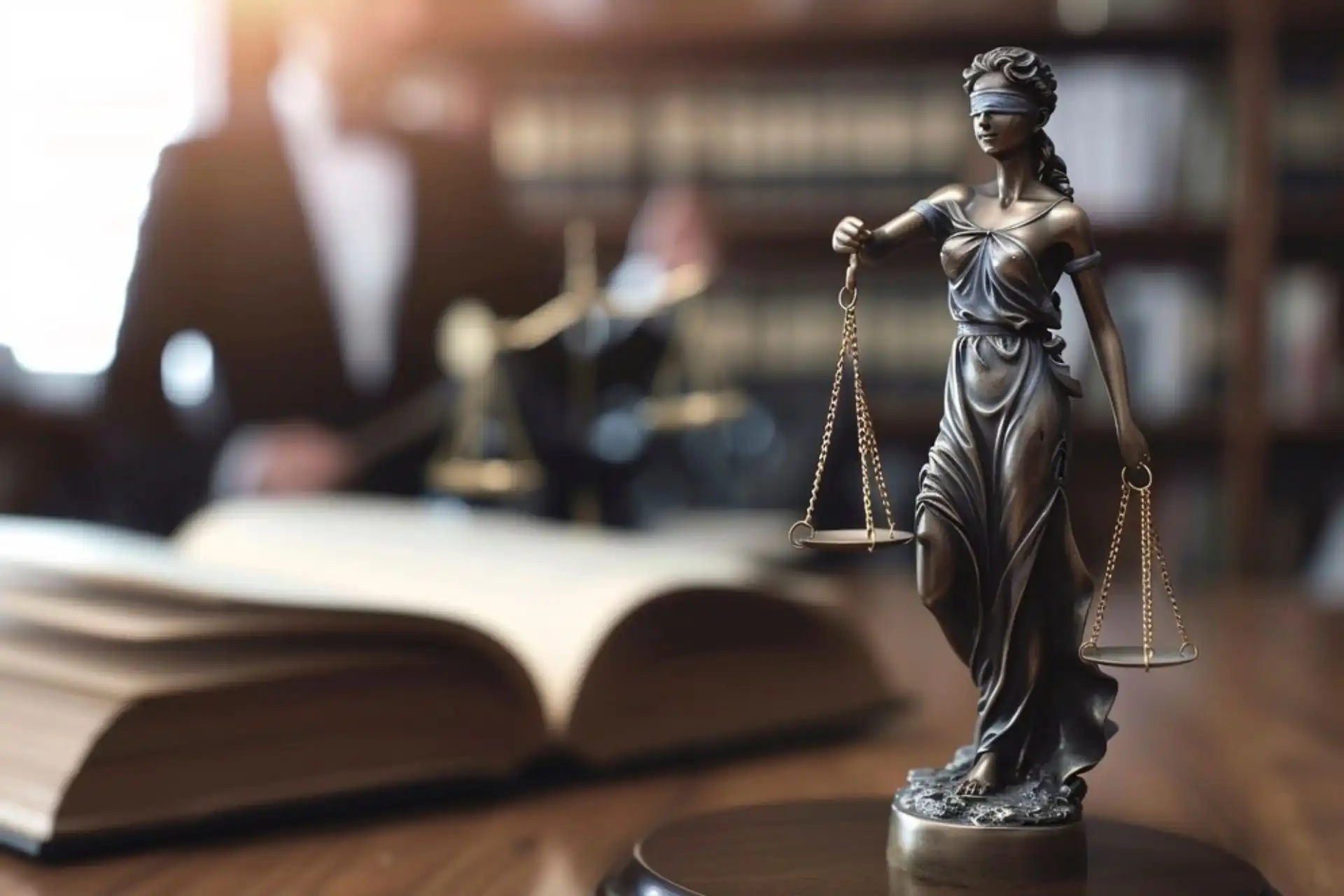 Estátua da Justiça simbolizando imparcialidade e equilíbrio, com fundo de biblioteca jurídica e livro aberto, ideal para aplicação em contexto de direito.