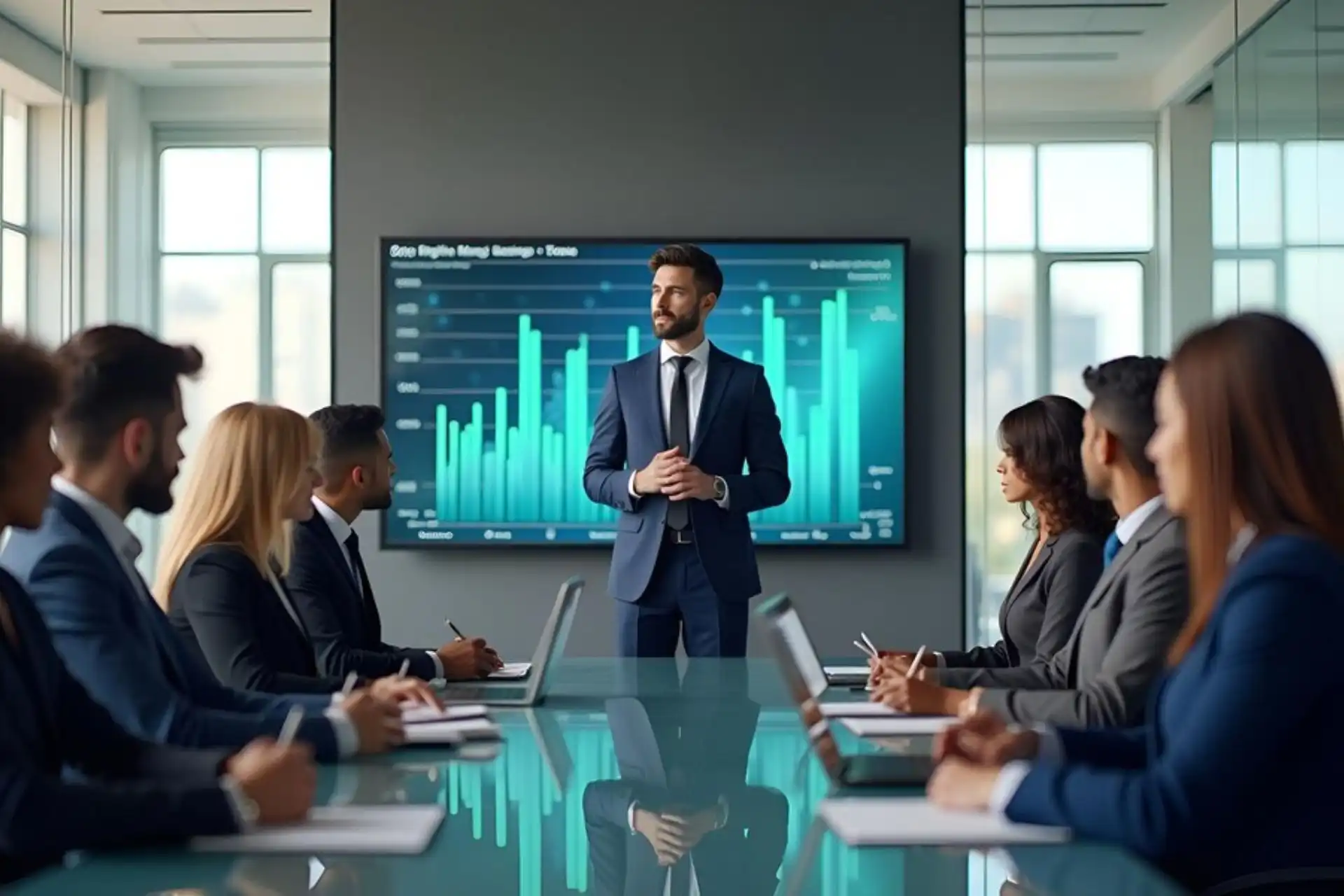Homem de terno apresentando dados em reunião com equipe em escritório moderno, destacando gráficos e tendências de negócios.