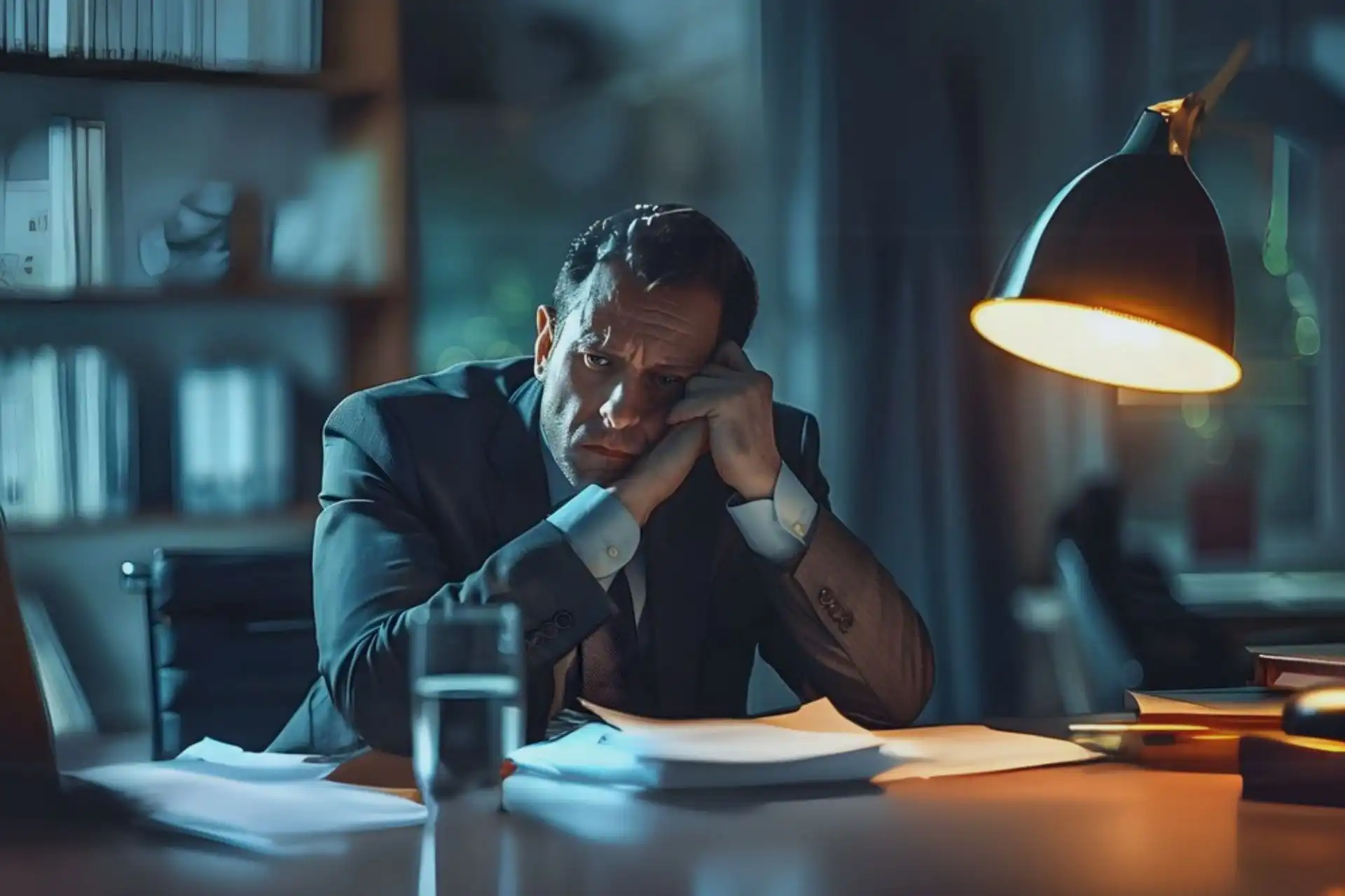Homem em um escritório, demonstrando preocupação e cansaço, sentado à mesa com papéis e uma lâmpada acesa ao fundo.