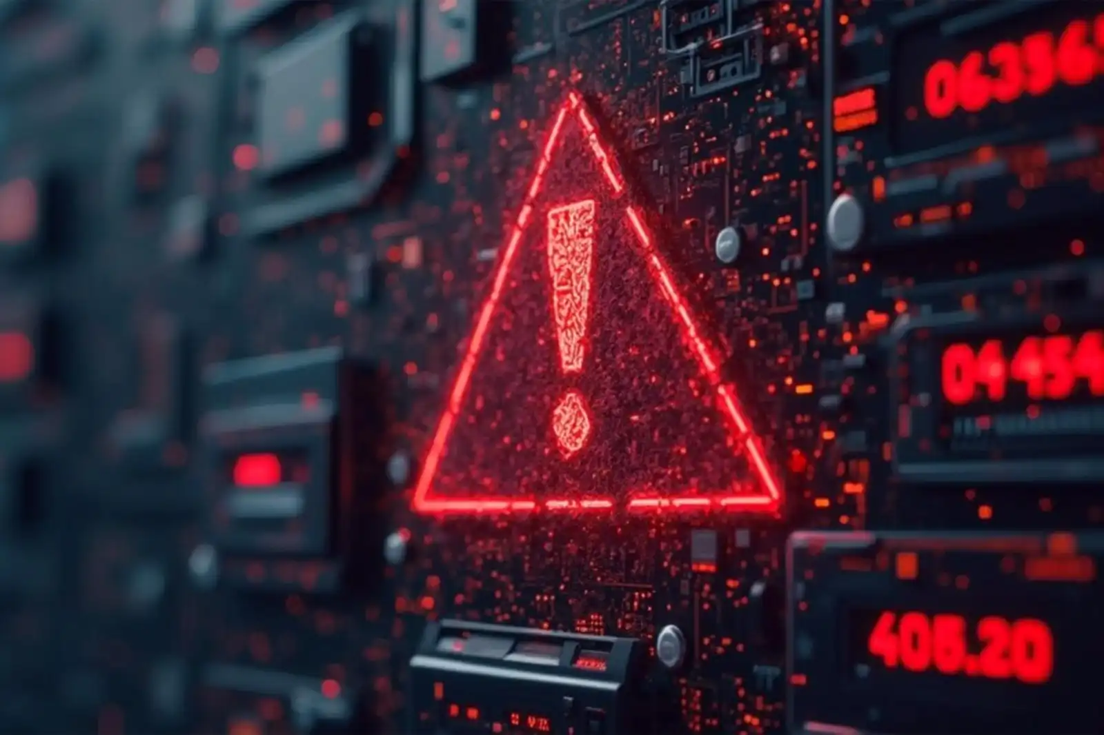 Imagem mostrando um símbolo de alerta em um fundo tecnológico repleto de circuitos e luzes vermelhas, representando uma notificação de erro ou aviso.