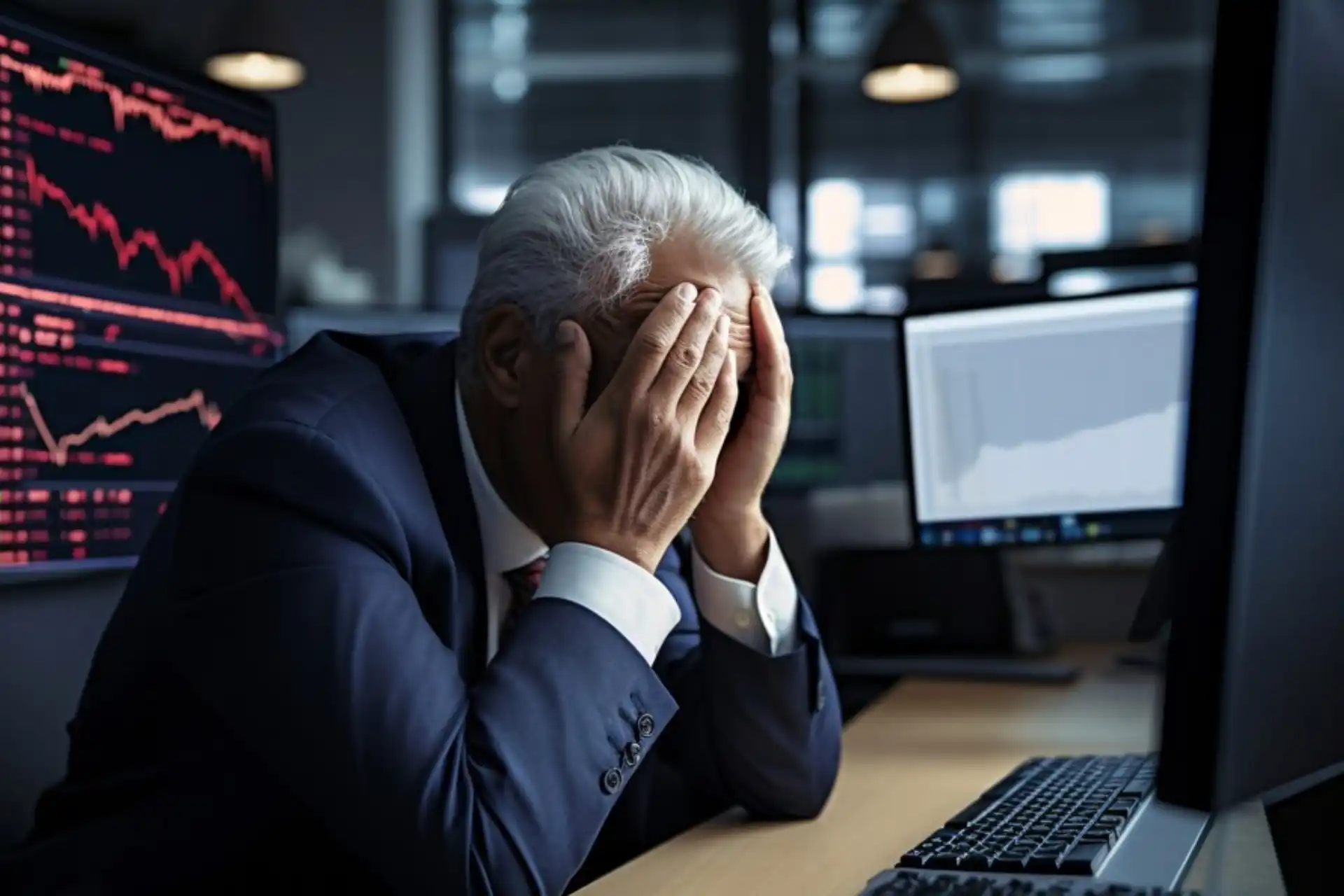 Homem de negócios estressado diante de computadores com gráficos financeiros, mostrando pressão emocional no ambiente corporativo.